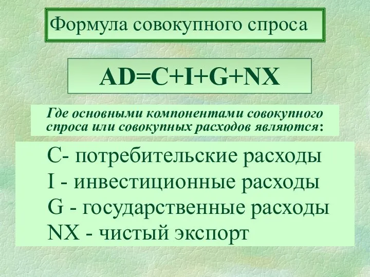 С- потребительские расходы I - инвестиционные расходы G - государственные расходы