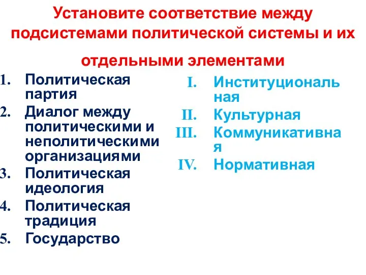 Установите соответствие между подсистемами политической системы и их отдельными элементами Политическая