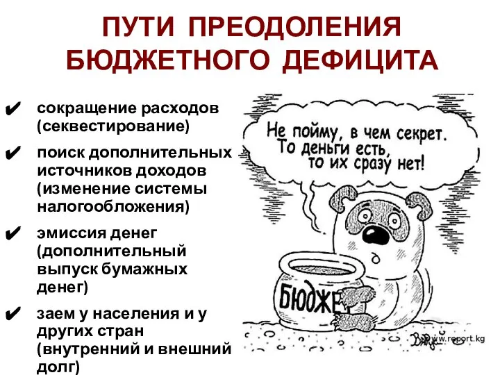 ПУТИ ПРЕОДОЛЕНИЯ БЮДЖЕТНОГО ДЕФИЦИТА сокращение расходов (секвестирование) поиск дополнительных источников доходов