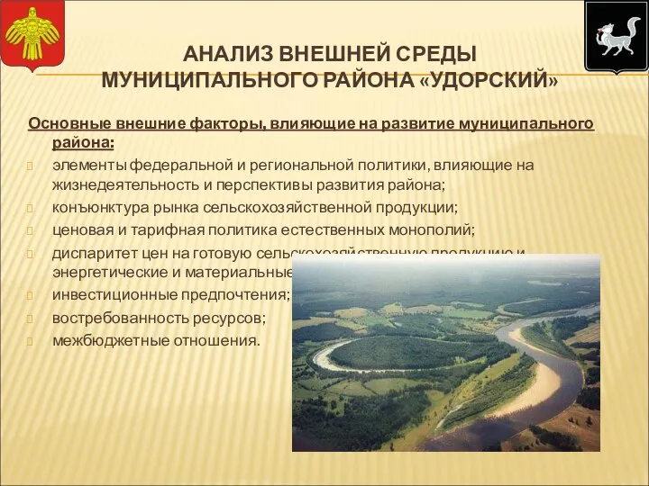 АНАЛИЗ ВНЕШНЕЙ СРЕДЫ МУНИЦИПАЛЬНОГО РАЙОНА «УДОРСКИЙ» Основные внешние факторы, влияющие на