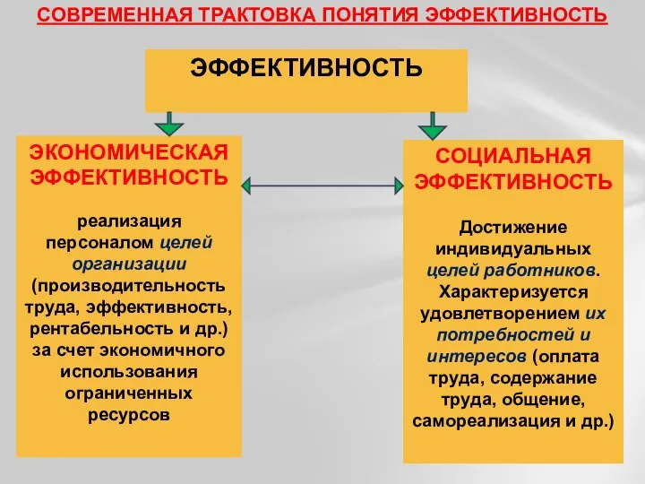 ЭФФЕКТИВНОСТЬ ЭКОНОМИЧЕСКАЯ ЭФФЕКТИВНОСТЬ реализация персоналом целей организации (производительность труда, эффективность, рентабельность