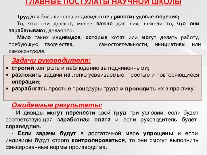 ГЛАВНЫЕ ПОСТУЛАТЫ НАУЧНОЙ ШКОЛЫ Труд для большинства индивидов не приносит удовлетворения;