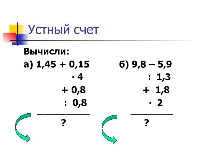 Устный счет Вычисли: а) 1,45 + 0,15 б) 9,8 – 5,9
