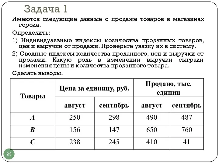 Задача 1 Имеются следующие данные о продаже товаров в магазинах города.