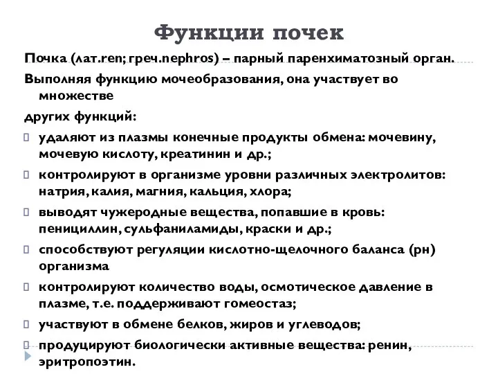 Функции почек Почка (лат.ren; греч.nephros) – парный паренхиматозный орган. Выполняя функцию