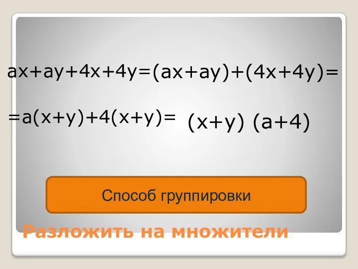 Разложить на множители ax+ay+4x+4y= =a(x+y)+4(x+y)= (ax+ay)+(4x+4y)= (x+y) (a+4) Способ группировки