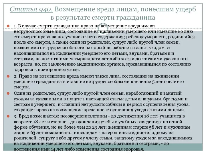 Статья 940. Возмещение вреда лицам, понесшим ущерб в результате смерти гражданина