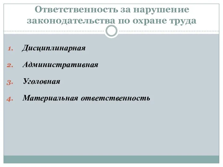 Ответственность за нарушение законодательства по охране труда Дисциплинарная Административная Уголовная Материальная ответственность