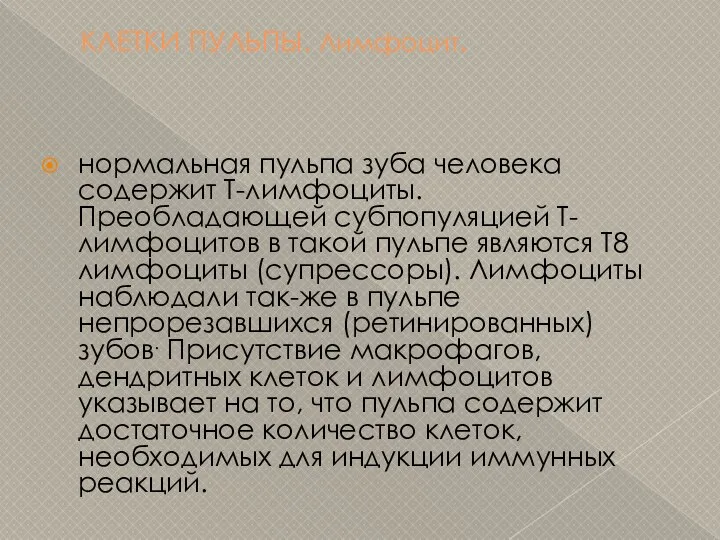 КЛЕТКИ ПУЛЬПЫ. Лимфоцит. нормальная пульпа зуба человека содержит Т-лимфоциты. Преобладающей субпопуляцией