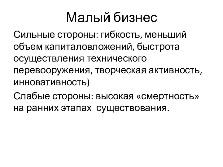 Малый бизнес Сильные стороны: гибкость, меньший объем капиталовложений, быстрота осуществления технического