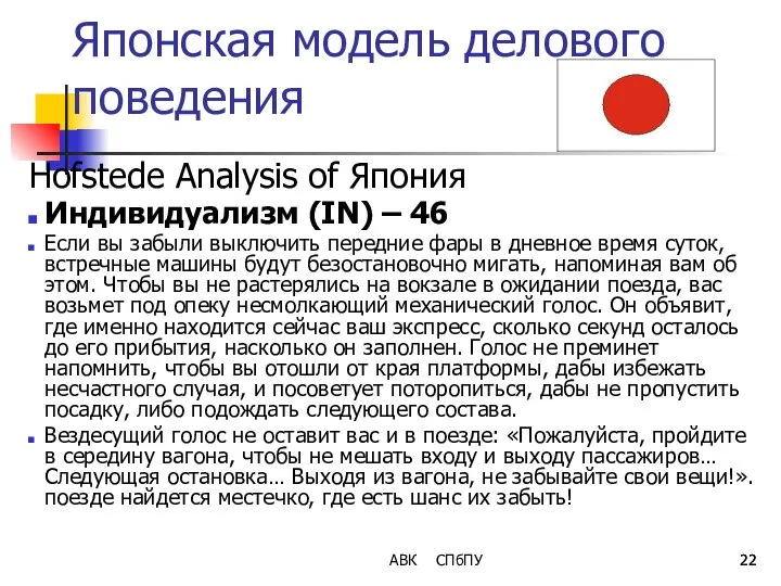 Японская модель делового поведения Hofstede Analysis of Япония Индивидуализм (IN) –