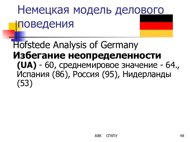 АВК СПбПУ Немецкая модель делового поведения Hofstede Analysis of Germany Избегание