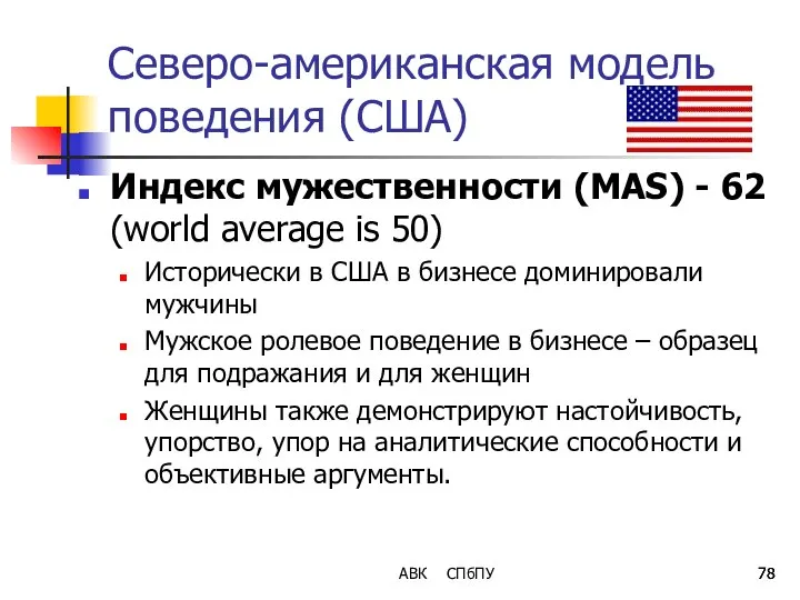 АВК СПбПУ Северо-американская модель поведения (США) Индекс мужественности (MAS) - 62