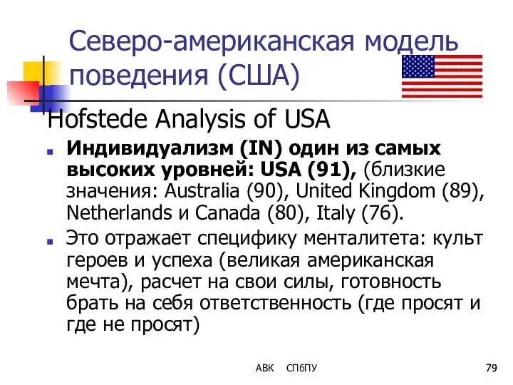 АВК СПбПУ Северо-американская модель поведения (США) Hofstede Analysis of USA Индивидуализм