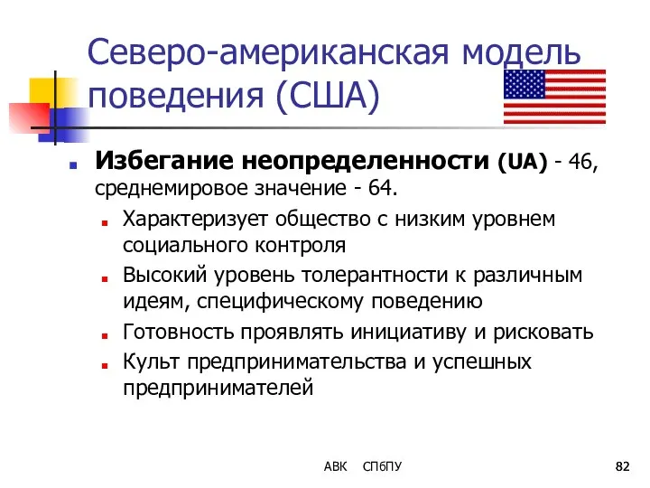 АВК СПбПУ Северо-американская модель поведения (США) Избегание неопределенности (UA) - 46,