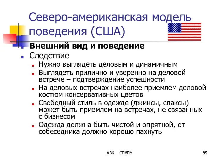 АВК СПбПУ Северо-американская модель поведения (США) Внешний вид и поведение Следствие