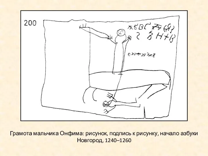 Грамота мальчика Онфима: рисунок, подпись к рисунку, начало азбуки Новгород, 1240–1260