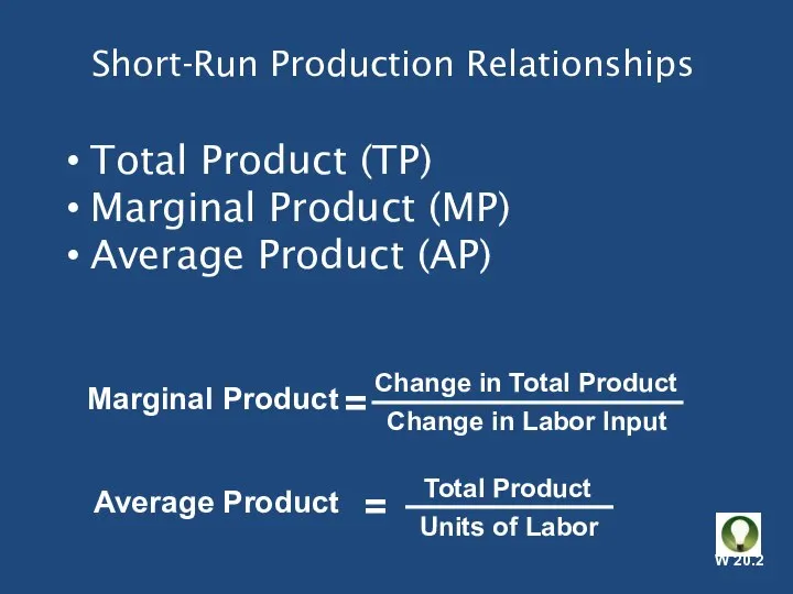 Short-Run Production Relationships Total Product (TP) Marginal Product (MP) Average Product (AP)