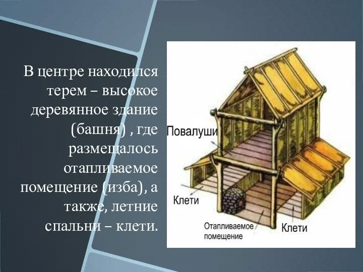 В центре находился терем – высокое деревянное здание (башня) , где