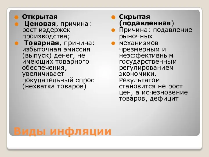 Виды инфляции Открытая Ценовая, причина: рост издержек производства; Товарная, причина: избыточная