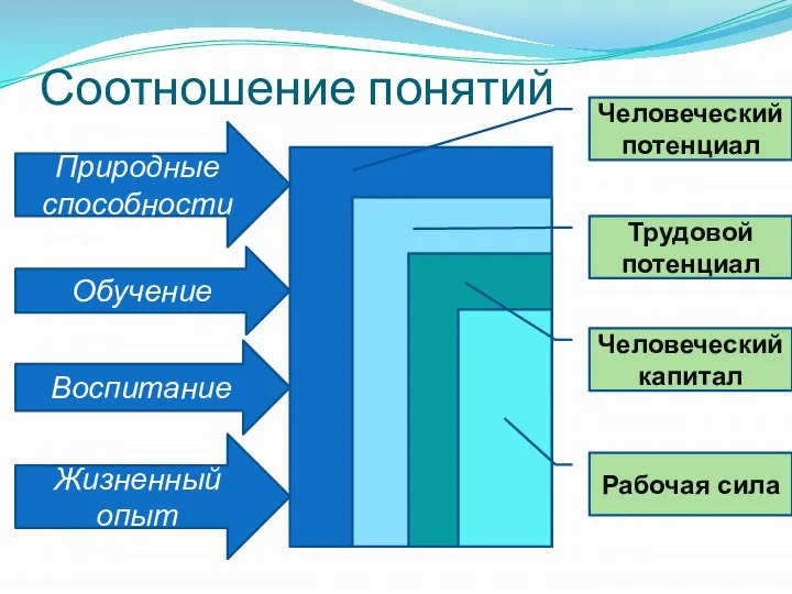 Соотношение понятий Природные способности Обучение Воспитание Жизненный опыт Человеческий потенциал Трудовой потенциал Человеческий капитал Рабочая сила