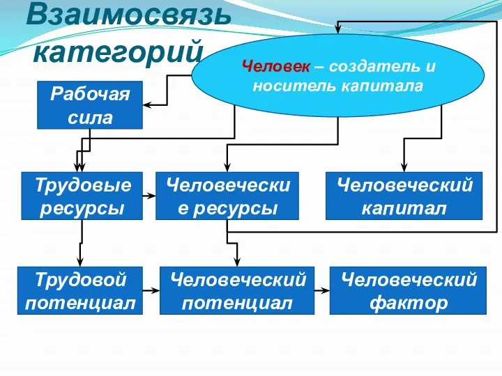 Взаимосвязь категорий Рабочая сила Трудовые ресурсы Трудовой потенциал Человеческие ресурсы Человеческий