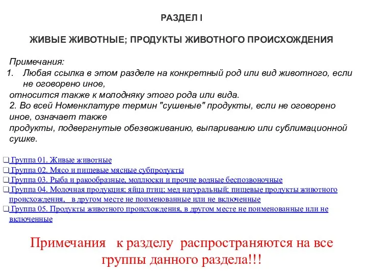 РАЗДЕЛ I ЖИВЫЕ ЖИВОТНЫЕ; ПРОДУКТЫ ЖИВОТНОГО ПРОИСХОЖДЕНИЯ Примечания: Любая ссылка в