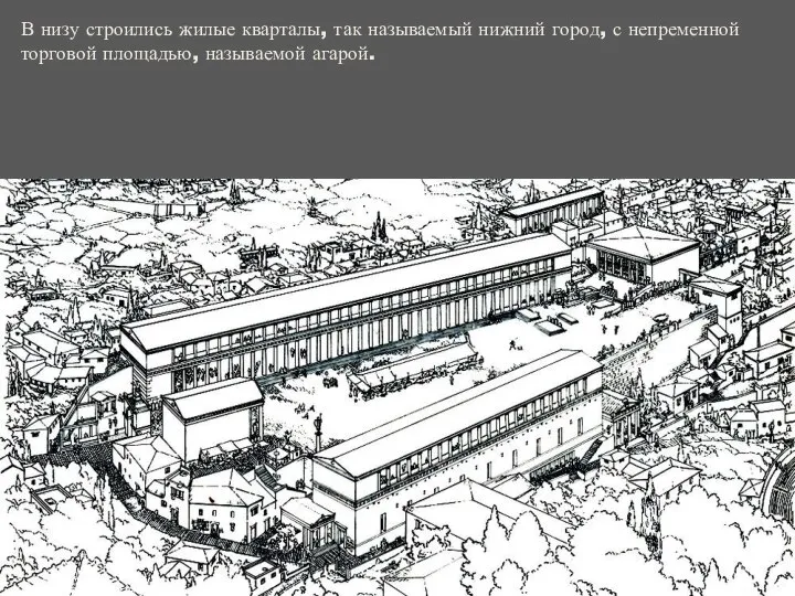 В низу строились жилые кварталы, так называемый нижний город, с непременной торговой площадью, называемой агарой.