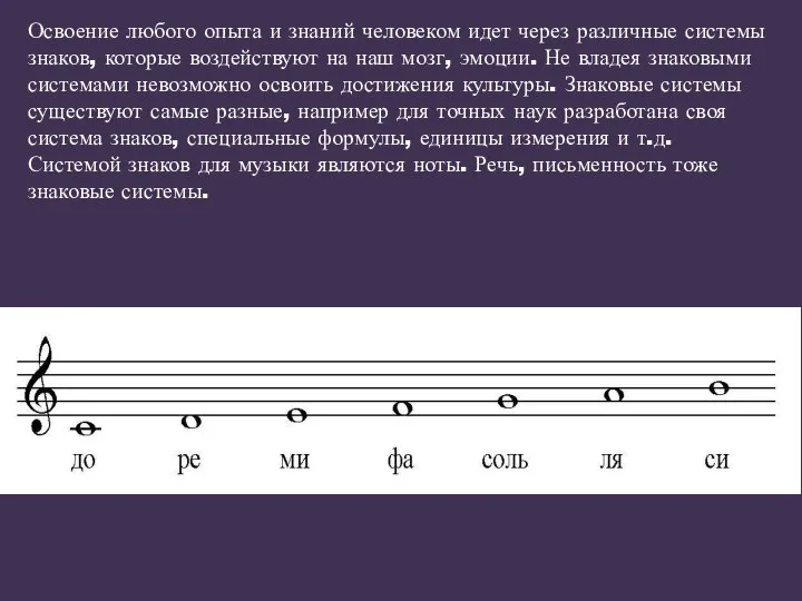 Освоение любого опыта и знаний человеком идет через различные системы знаков,