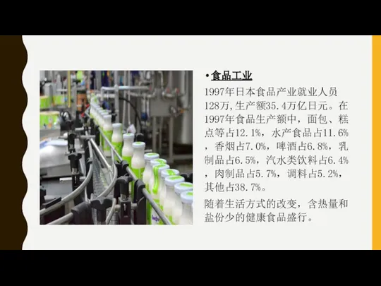 食品工业 1997年日本食品产业就业人员128万,生产额35.4万亿日元。在1997年食品生产额中，面包、糕点等占12.1%，水产食品占11.6%，香烟占7.0%，啤酒占6.8%，乳制品占6.5%，汽水类饮料占6.4%，肉制品占5.7%，调料占5.2%，其他占38.7%。 随着生活方式的改变，含热量和盐份少的健康食品盛行。