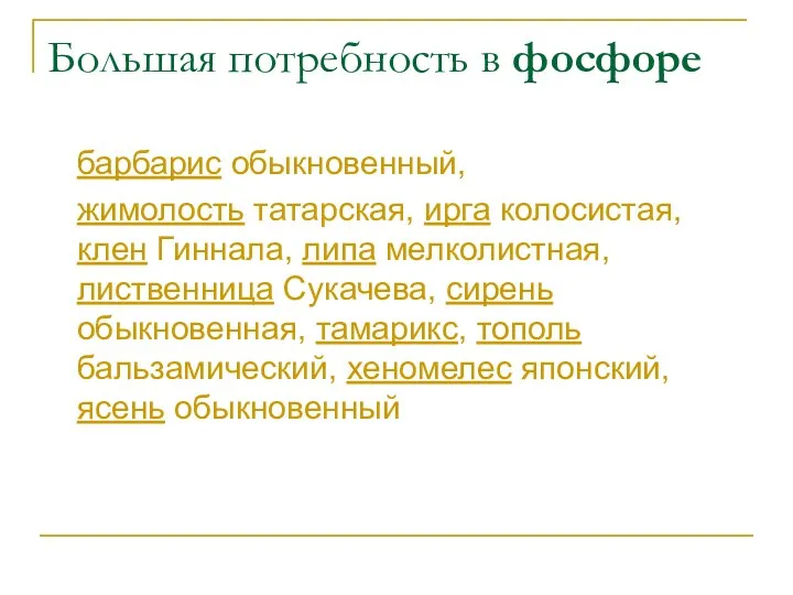 Большая потребность в фосфоре барбарис обыкновенный, жимолость татарская, ирга колосистая, клен