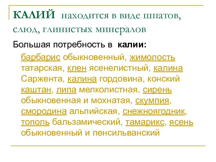 КАЛИЙ находится в виде шпатов, слюд, глинистых минералов Большая потребность в