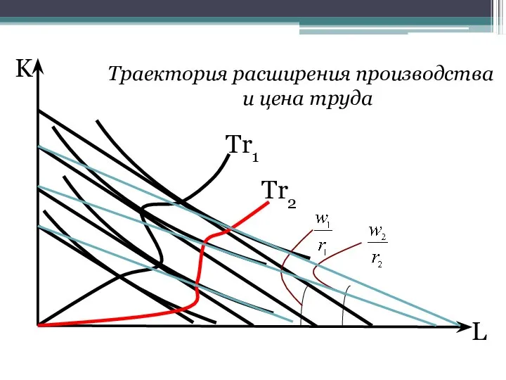 L K Траектория расширения производства и цена труда Tr1 Tr2