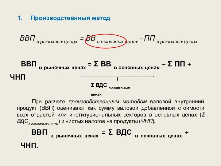 Производственный метод ВВП в рыночных ценах = ВВ в рыночных ценах