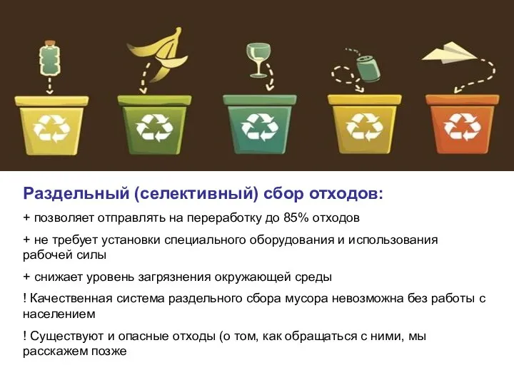 Раздельный (селективный) сбор отходов: + позволяет отправлять на переработку до 85%