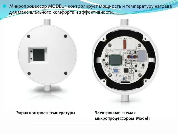 Микропроцессор MODEL 1 контролирует мощность и температуру нагрева для максимального комфорта