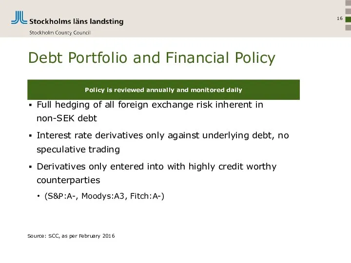 Debt Portfolio and Financial Policy Full hedging of all foreign exchange