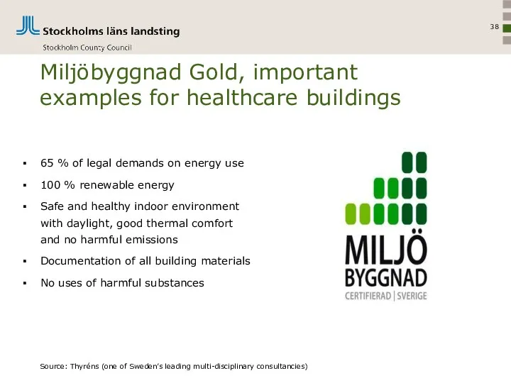 Miljöbyggnad Gold, important examples for healthcare buildings 65 % of legal