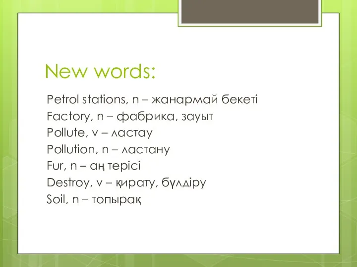 New words: Petrol stations, n – жанармай бекеті Factory, n –