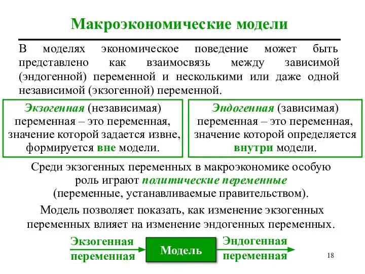 Макроэкономические модели В моделях экономическое поведение может быть представлено как взаимосвязь