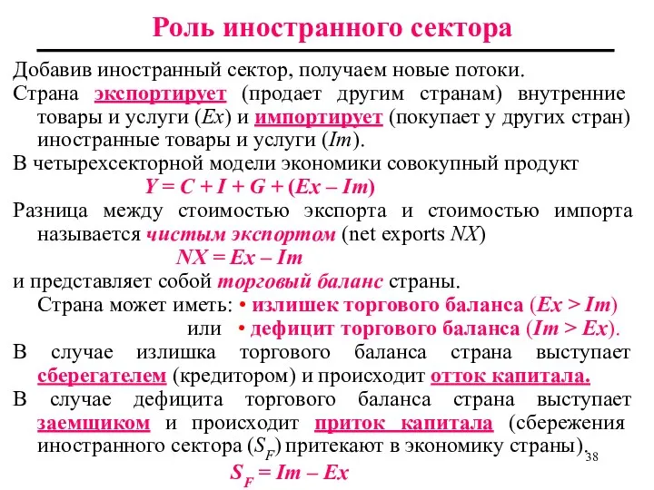 Роль иностранного сектора Добавив иностранный сектор, получаем новые потоки. Страна экспортирует