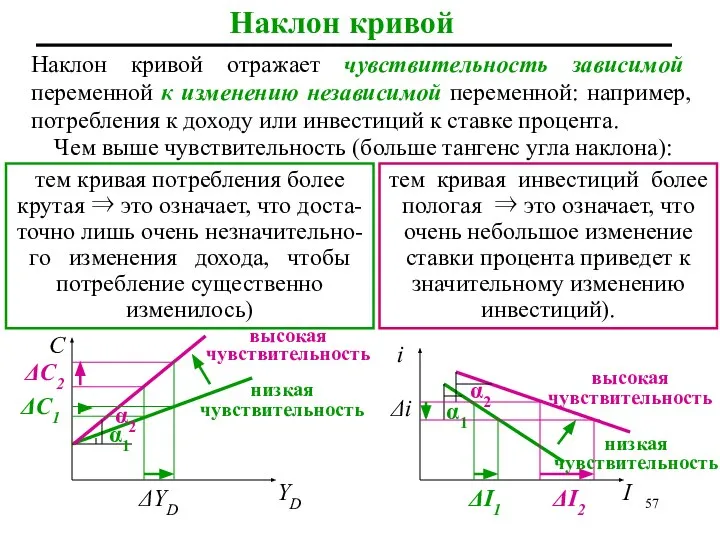 Наклон кривой Наклон кривой отражает чувствительность зависимой переменной к изменению независимой