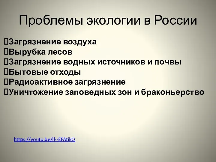 Проблемы экологии в России Загрязнение воздуха Вырубка лесов Загрязнение водных источников