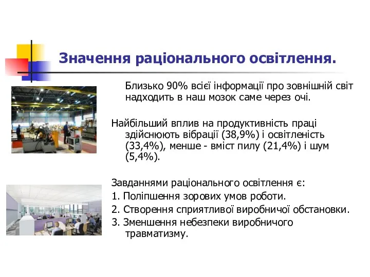 Значення раціонального освітлення. Близько 90% всієї інформації про зовнішній світ надходить