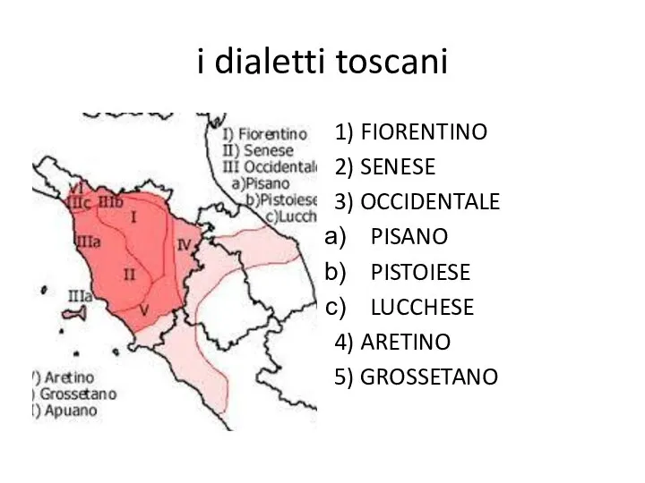 i dialetti toscani 1) FIORENTINO 2) SENESE 3) OCCIDENTALE PISANO PISTOIESE LUCCHESE 4) ARETINO 5) GROSSETANO