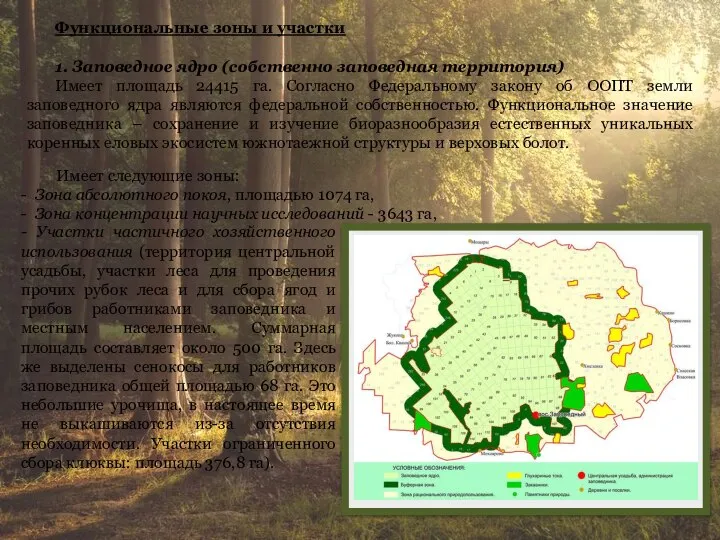 Функциональные зоны и участки 1. Заповедное ядро (собственно заповедная территория) Имеет