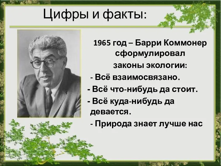 Цифры и факты: 1965 год – Барри Коммонер сформулировал законы экологии: