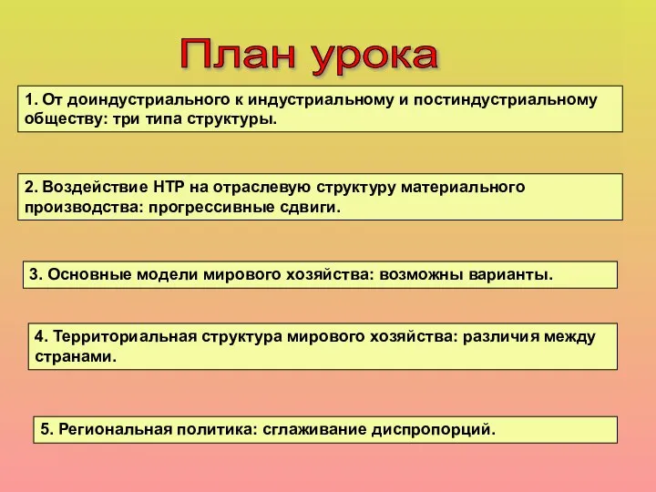 План урока 1. От доиндустриального к индустриальному и постиндустриальному обществу: три