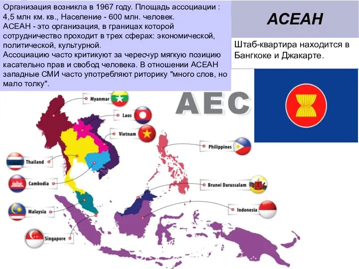 АСЕАН Штаб-квартира находится в Бангкоке и Джакарте. Организация возникла в 1967