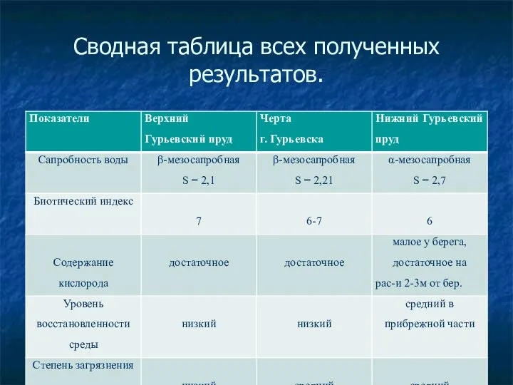 Сводная таблица всех полученных результатов.